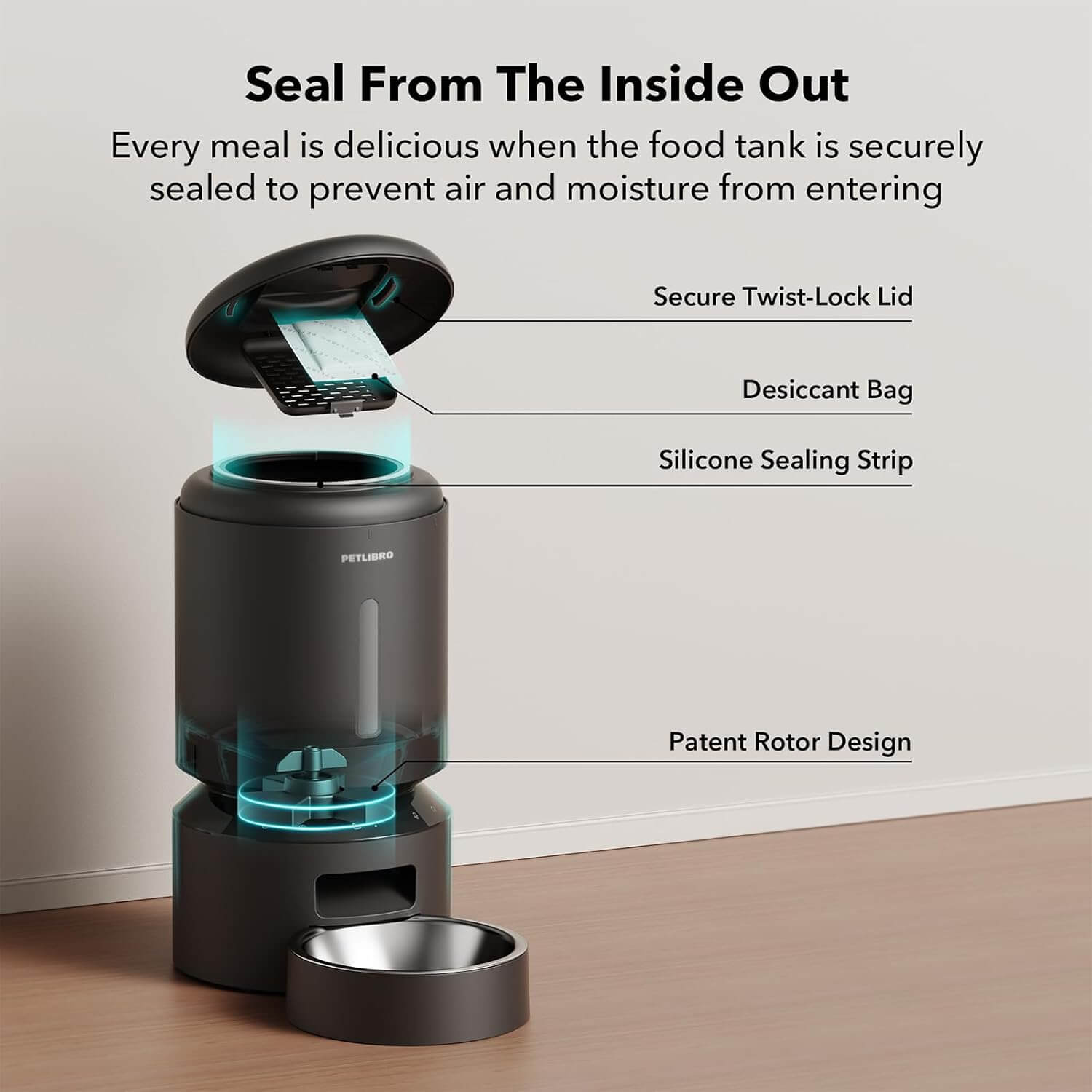 PETLIBRO 5G Feeder opened to show desiccant bag, silicone sealing strip, and patented rotor system for freshness lock