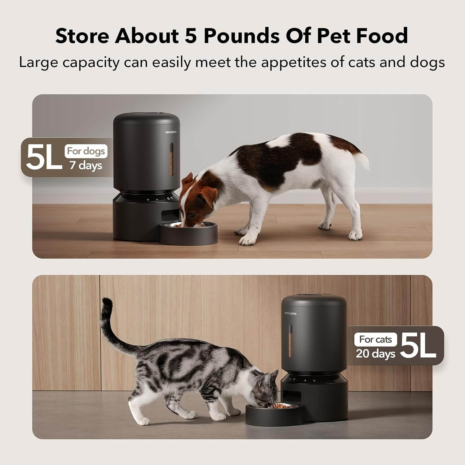 PETLIBRO 5G Feeder feeding a dog and cat, showing 5L capacity for up to 7 days for dogs or 20 days for cats