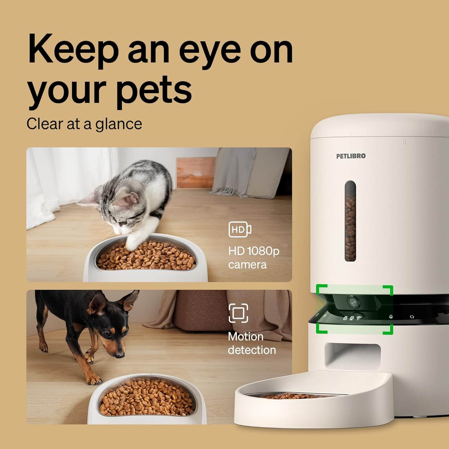 PETLIBRO feeder with built-in 1080p HD camera and motion detection, monitoring a cat and a dog while eating