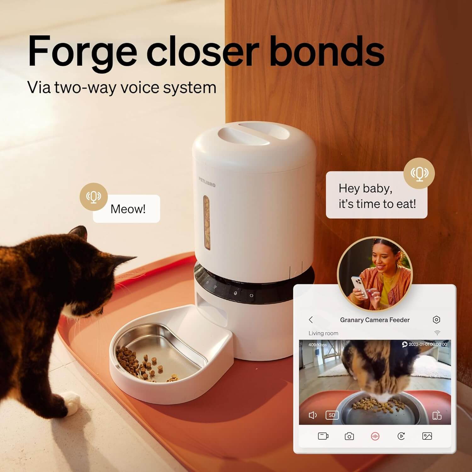PETLIBRO smart feeder with two-way voice system, cat eating while owner speaks through the app