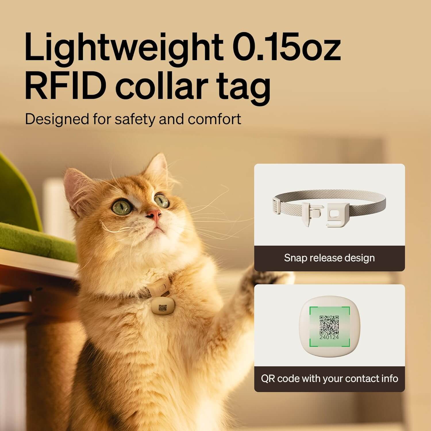 Cat wearing PETLIBRO RFID collar tag with snap-release design and QR code, looking up beside a green chair