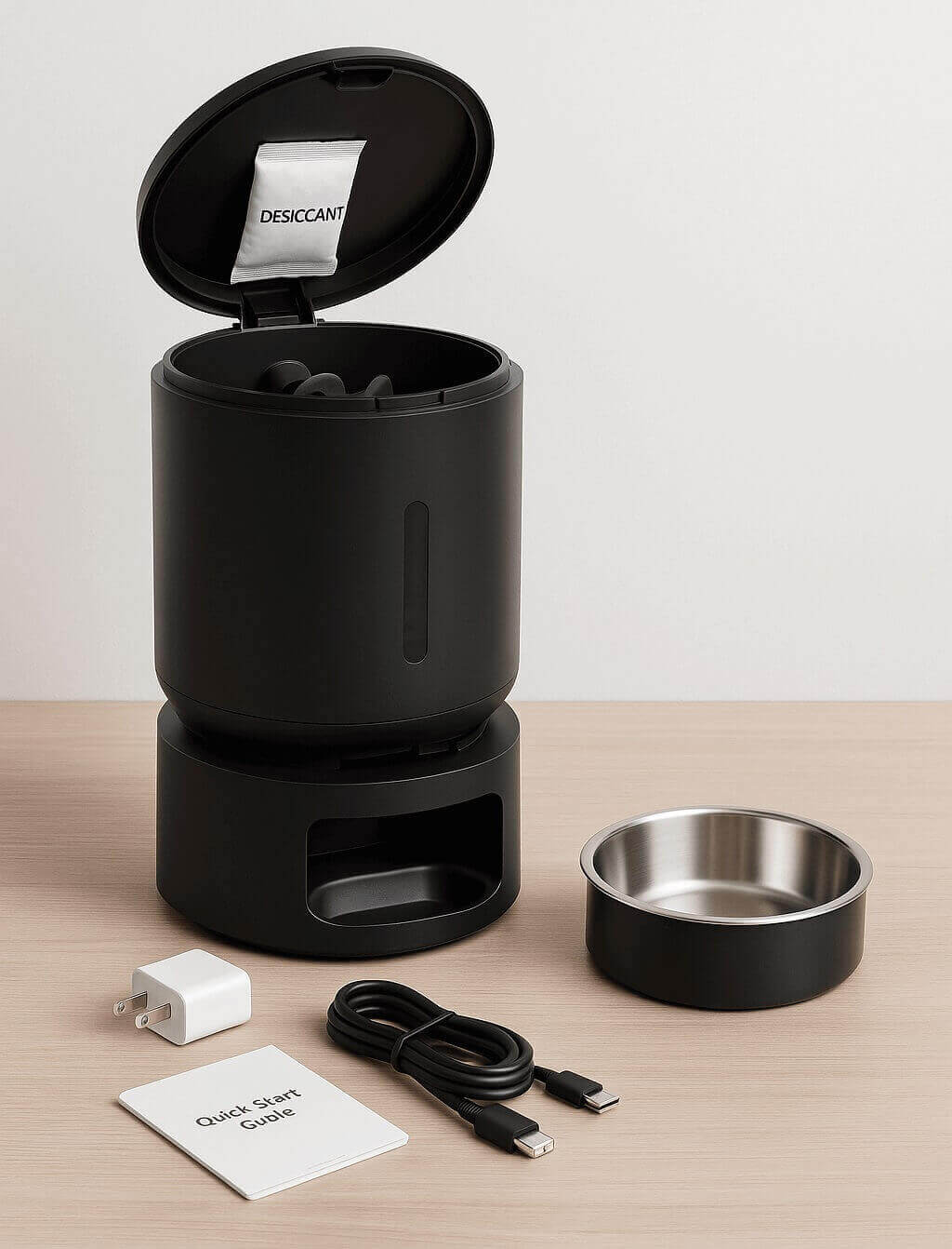 Unboxed PETLIBRO 5G feeder with desiccant bag, stainless steel bowl, USB-C charger, and quick start guide on wooden surface