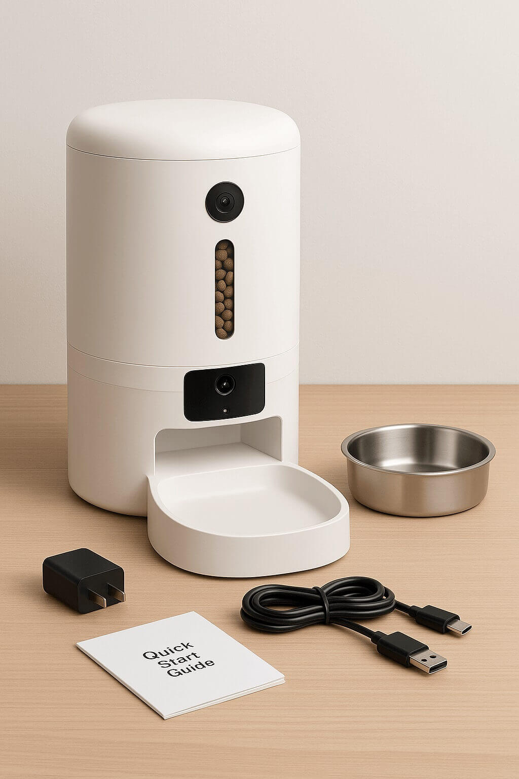 PETLIBRO 5G WiFi Automatic Pet Feeder with camera, stainless steel bowl, USB cable and setup guide on table