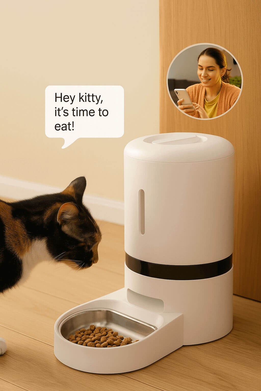 Cat eating from PETLIBRO automatic feeder with voice message feature – smartphone-controlled feedingp