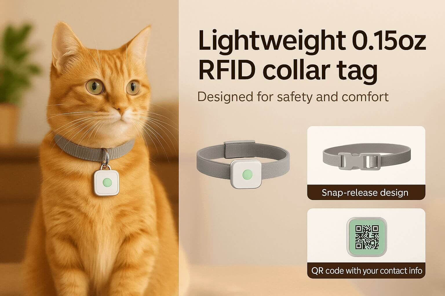 Orange cat wearing PETLIBRO RFID collar tag with QR code – lightweight snap-release ID for pet safety and comfort