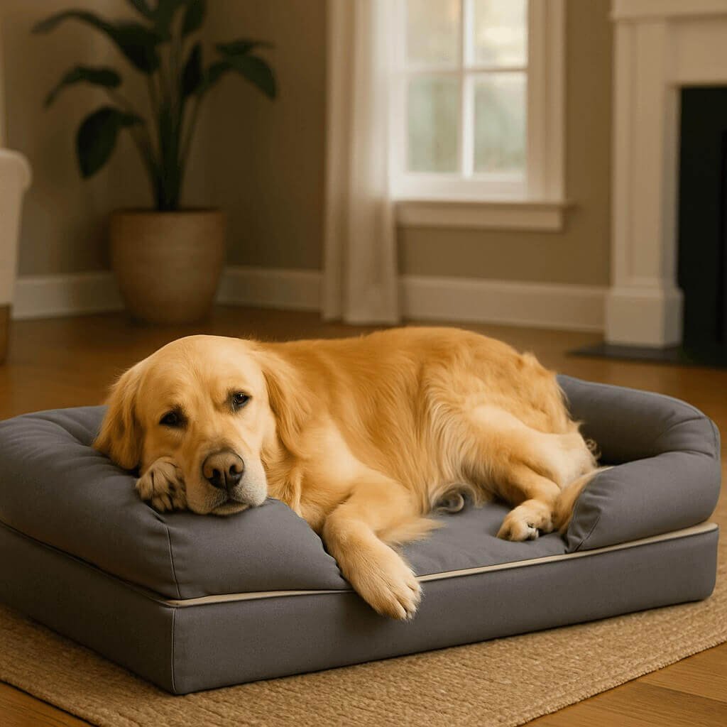 Two dogs relaxing comfortably on a PetFusion orthopedic memory foam dog lounge, showcasing size dimensions and plush design for joint support.