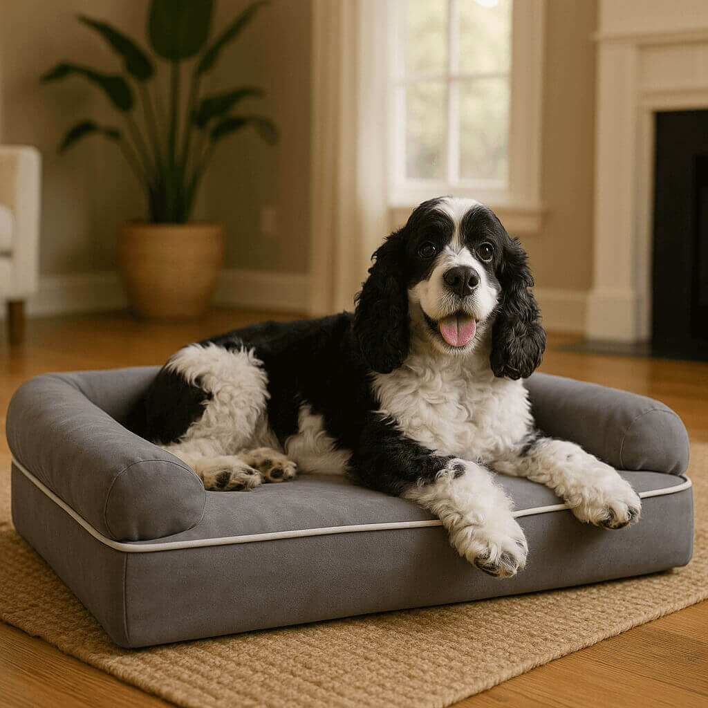 Dogs resting on Friends Forever orthopedic memory foam sofa bed with wraparound bolsters and low-profile entry, highlighting water-resistant cover and joint relief.