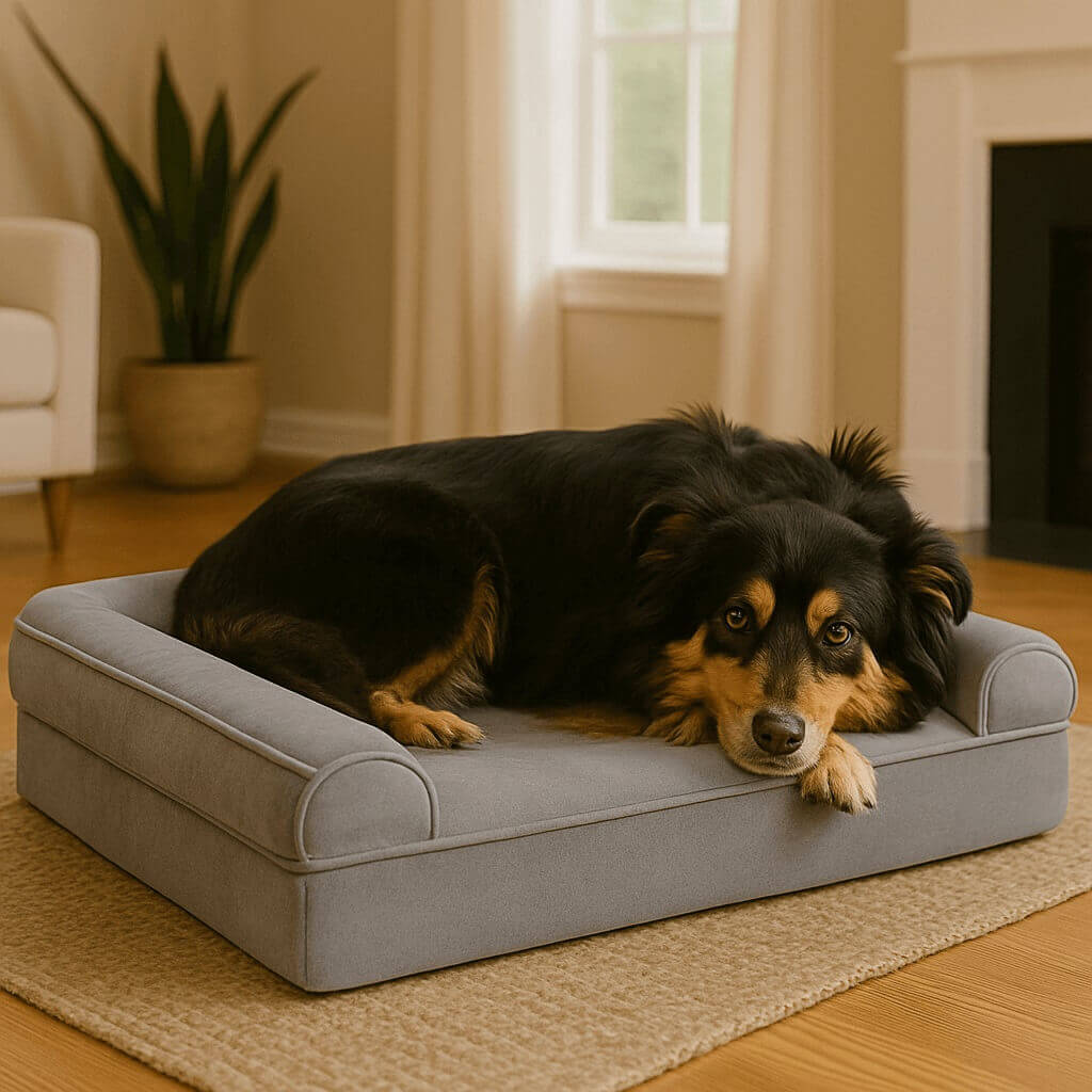 Two dogs resting on Furhaven orthopedic sofa dog bed with plush faux fur and bolsters, accompanied by diagram showing pressure point relief and enhanced airflow.