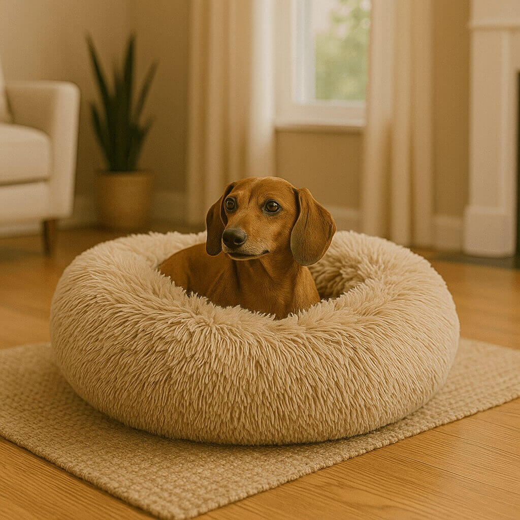 Brown dog curled up inside Best Friends by Sheri ultra-soft plush calming donut bed with raised edges for anxiety reduction.
