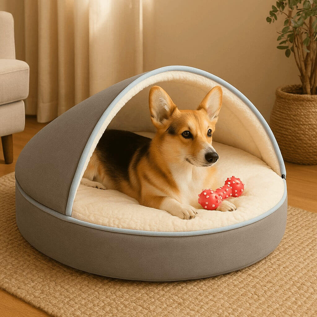 Small dog resting comfortably inside Veehoo hooded dog cave bed with plush fleece interior and removable washable cover.