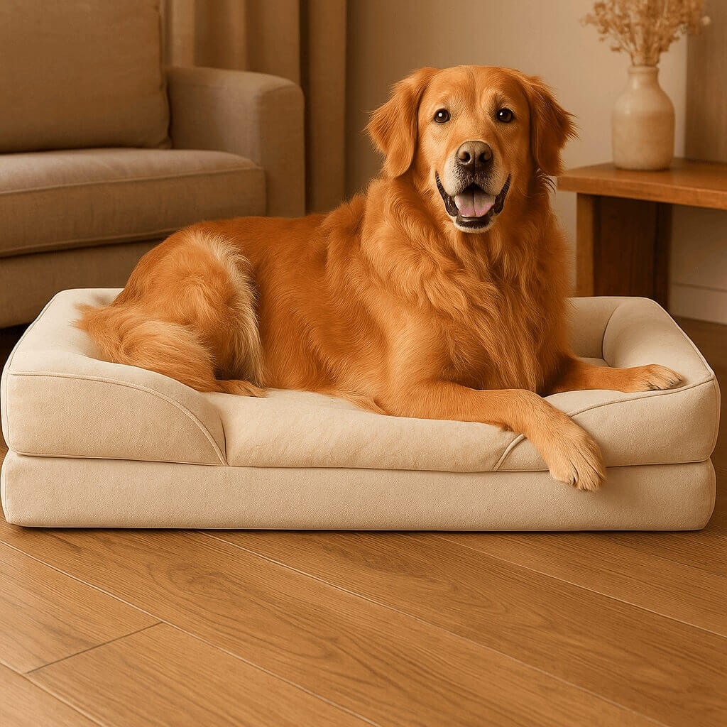 Golden retriever and Dalmatian resting on EHEYCIGA orthopedic memory foam XL dog bed with raised bolsters and waterproof removable cover.