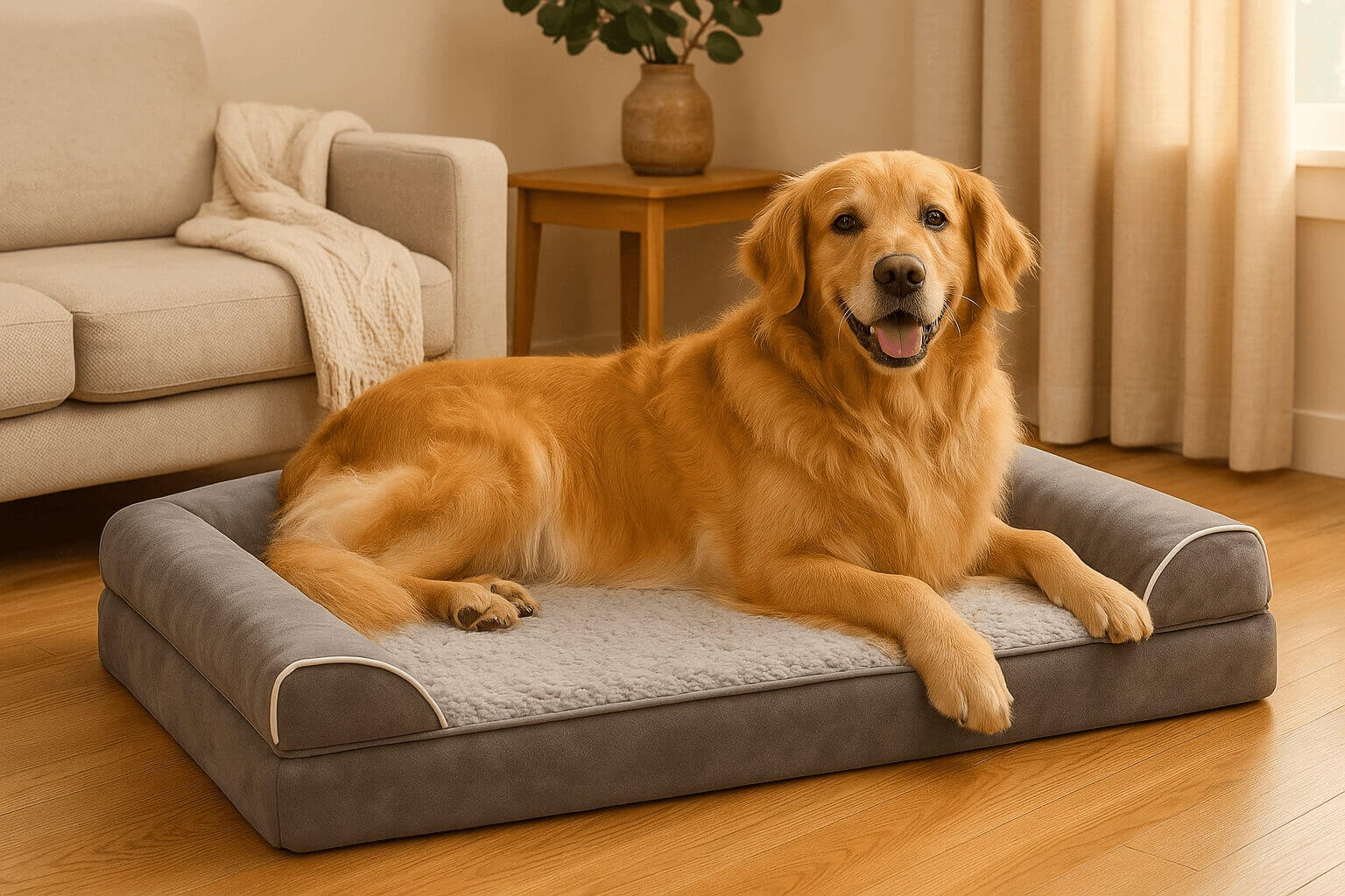 Golden retriever and border collie resting on gray orthopedic memory foam dog bed with raised sides and waterproof removable cover.