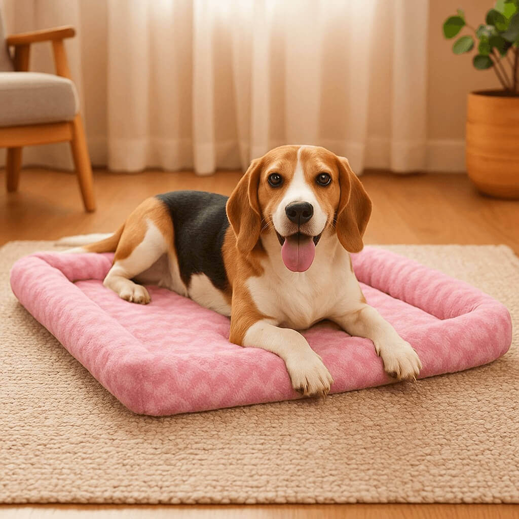 Beagle lying on pink bolster dog bed with orthopedic foam base and waterproof, washable cover with anti-slip base.