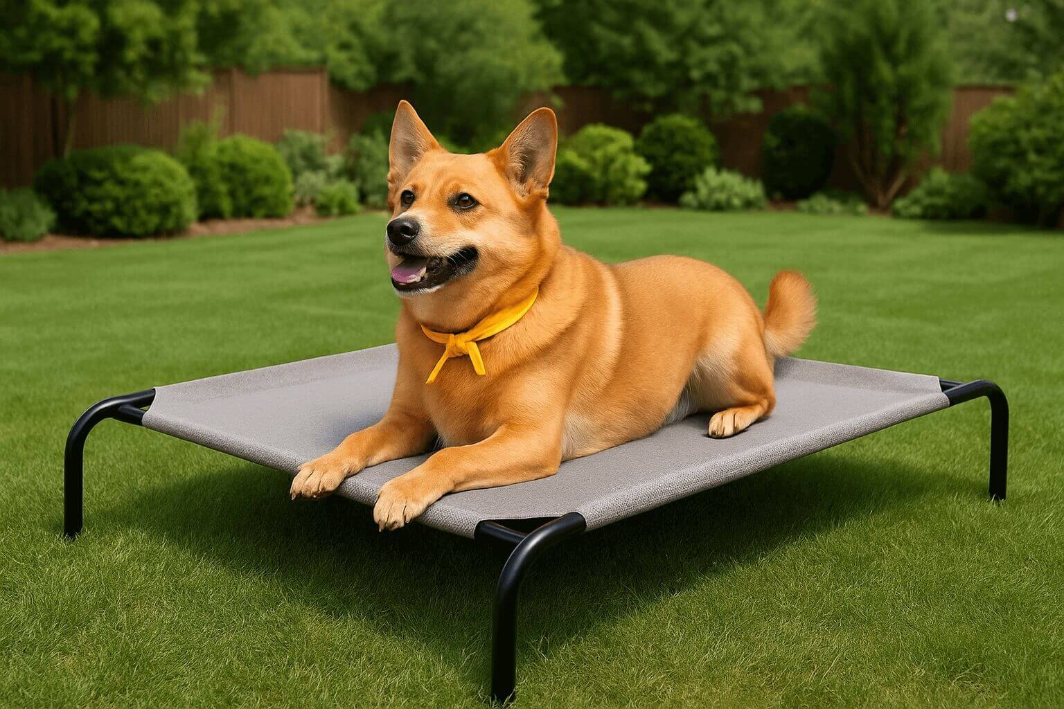 Dog resting on Coolaroo original elevated dog bed with breathable mesh, showing elevated design for airflow and outdoor durability.
