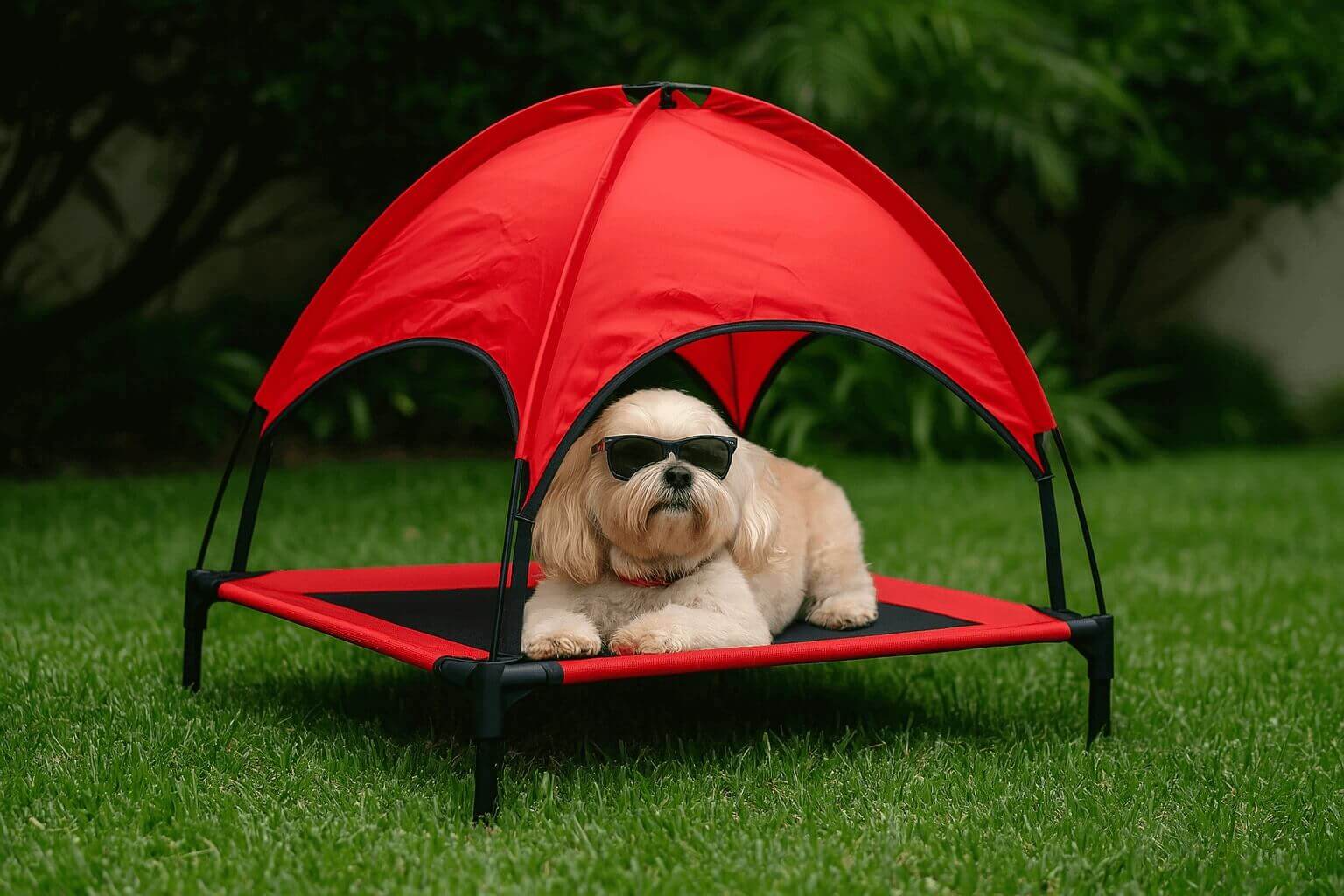 Small dog relaxing under canopy on Floppy Dawg just chillin' elevated dog bed with breathable mesh, shown in multiple colors in outdoor setting.
