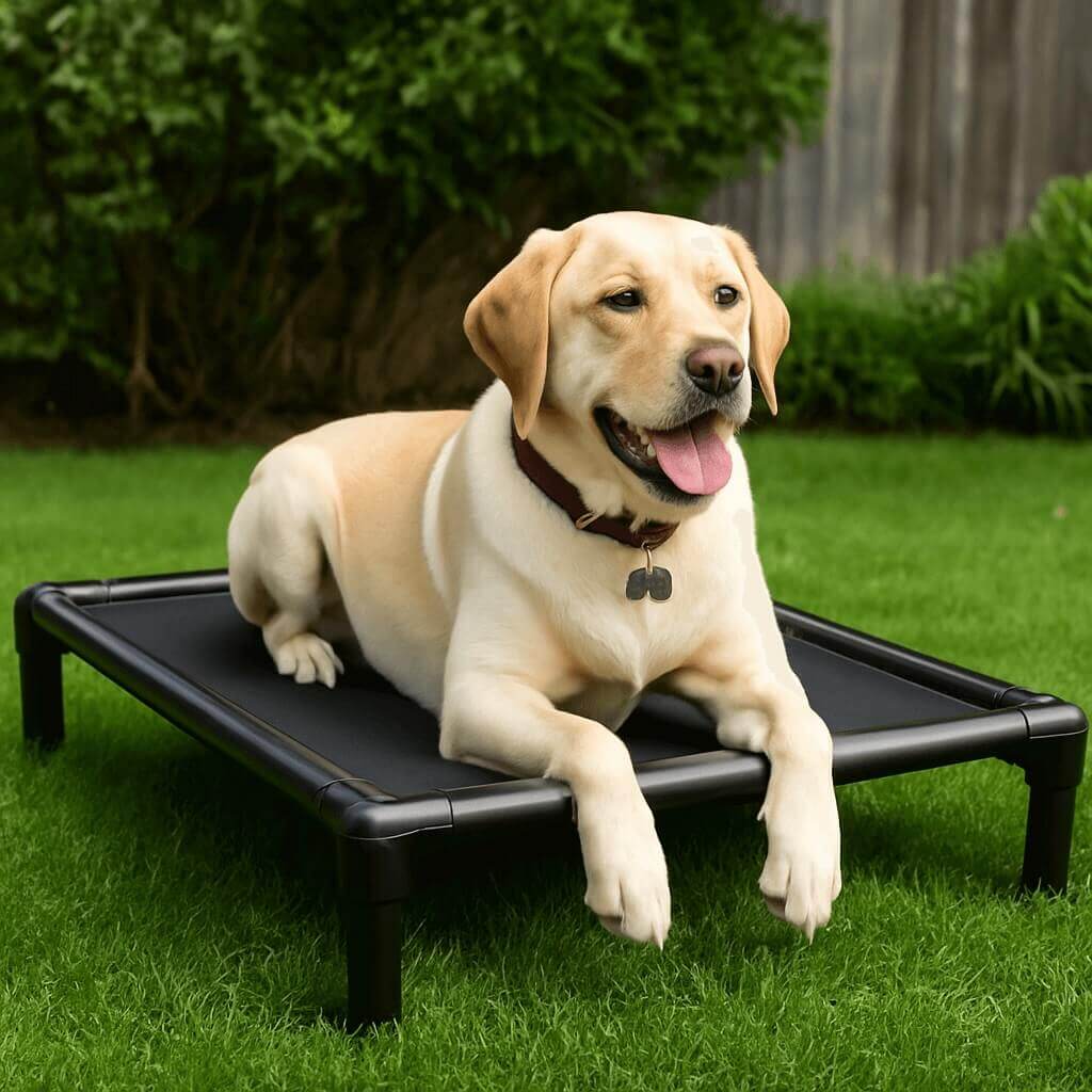 Two dogs sitting on Kuranda chewproof elevated dog bed with aircraft-grade aluminum frame and ballistic nylon fabric, showing durable elevated design.