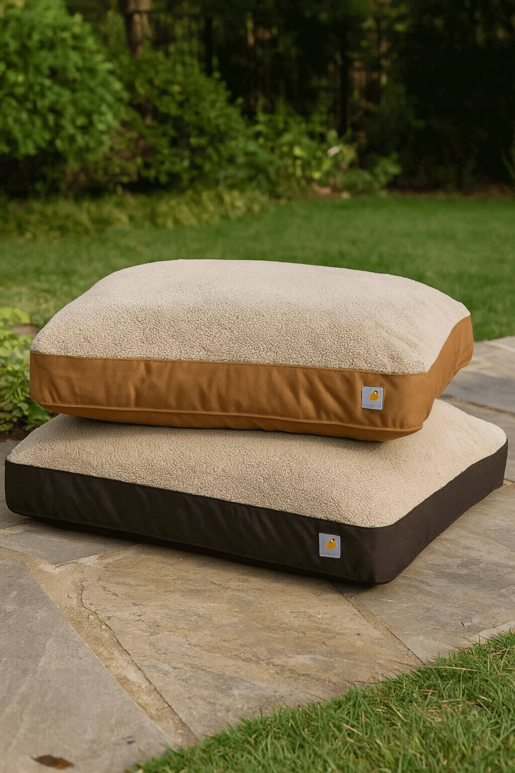 Two views of Carhartt firm duck dog bed with heavy-duty cotton duck canvas exterior and removable Sherpa-lined cushion, designed for outdoor durability and indoor comfort