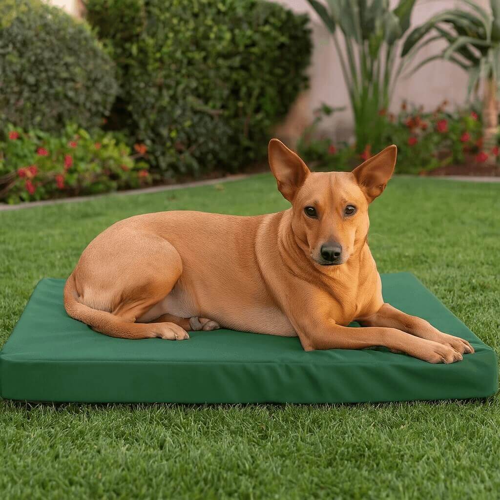 Furhaven outdoor orthopedic dog bed with water-resistant polycanvas cover, egg-crate foam for joint comfort, shown with dog lying on top and diagram illustrating pressure relief and increased airflow.s