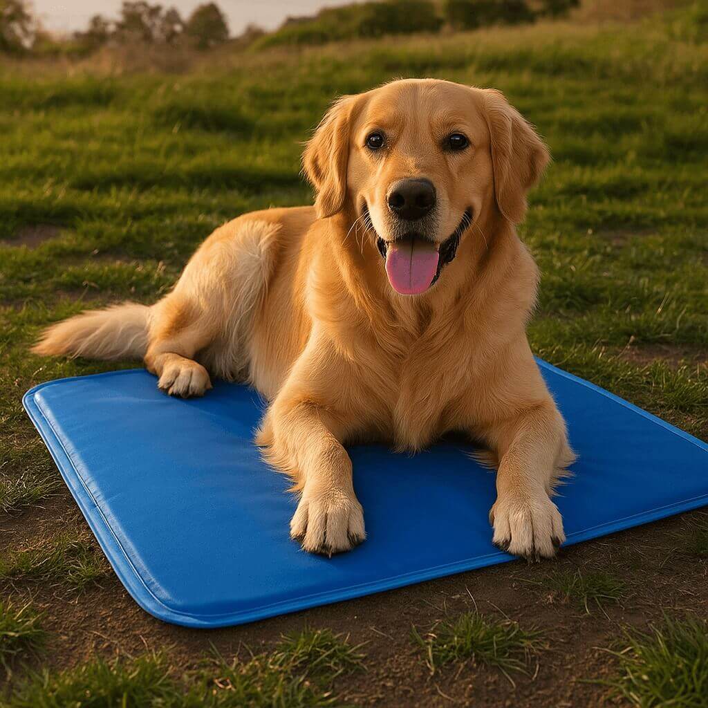 The Green Pet Shop Self-Cooling Gel Mat for dogs, shown in different sizes with images of dogs lying on the mat, reduces heat-related stress and requires no water or electricity.
