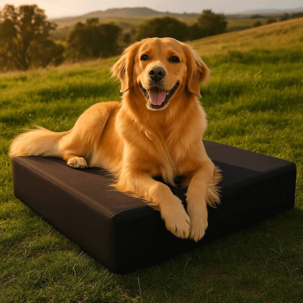 K9 Ballistics Tough Rectangle Dog Bed with chew-resistant ballistic nylon cover, waterproof surface, CertiPUR-US foam mattress, and breathable non-slip bottom, ideal for rugged outdoor use.