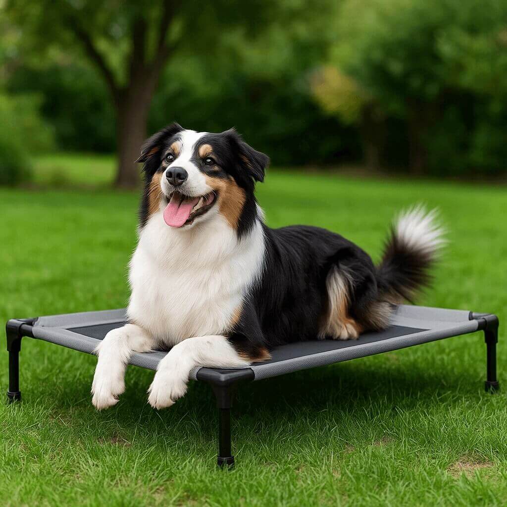 K&H Original Elevated Pet Cot with cooling mesh, elevated design for airflow, water-resistant materials, tool-free assembly, and support for large dogs up to 200 lbs, shown in two outdoor settings with dogs.
