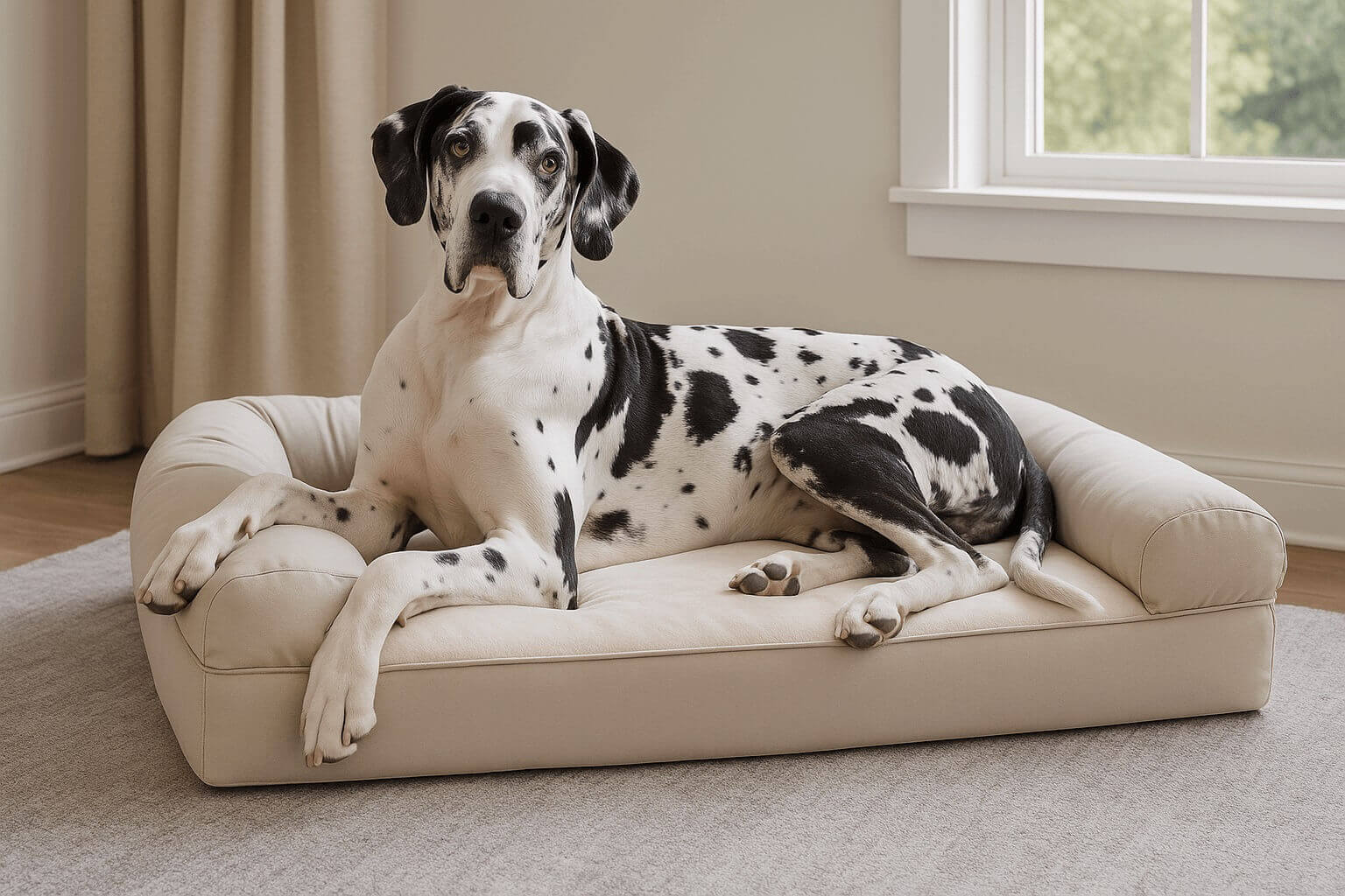 Dalmatian lying comfortably on PetFusion Ultimate orthopedic dog bed with 4-inch memory foam and bolstered support, designed for dogs with arthritis or joint pain
