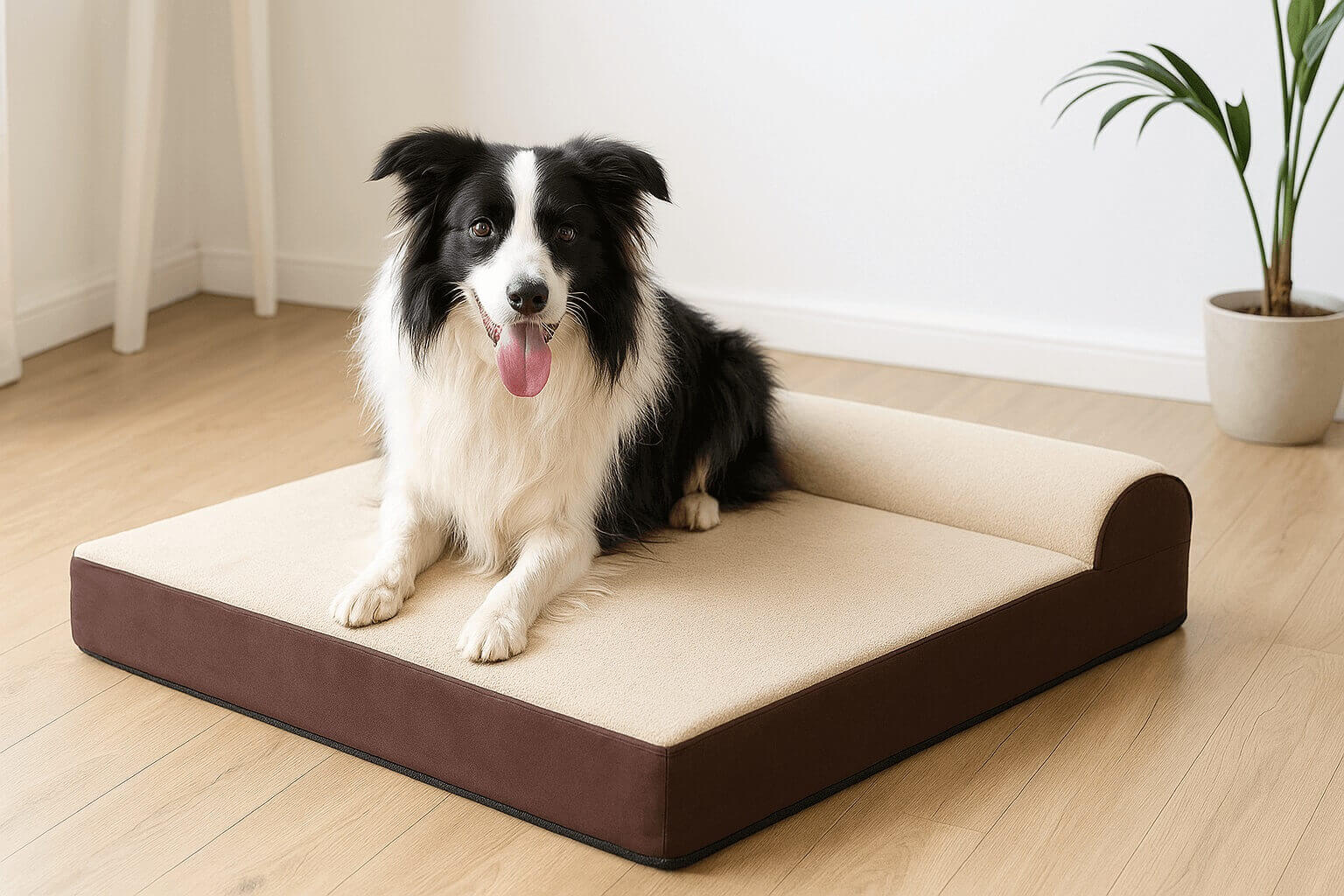 Small black and white dog resting on KOPEKS Jumbo orthopedic dog bed with 7-inch thick memory foam, waterproof cover, and nonslip rubber bottom, ideal for large or senior dogs