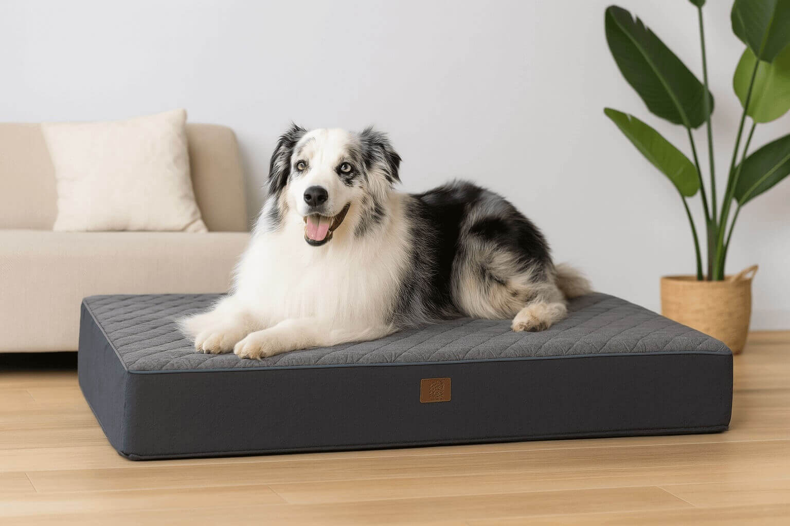 Golden retriever lying on Dogbed4less extra large orthopedic dog bed with 4-inch high-density memory foam and waterproof denim cover, ideal for senior and large breed dogs