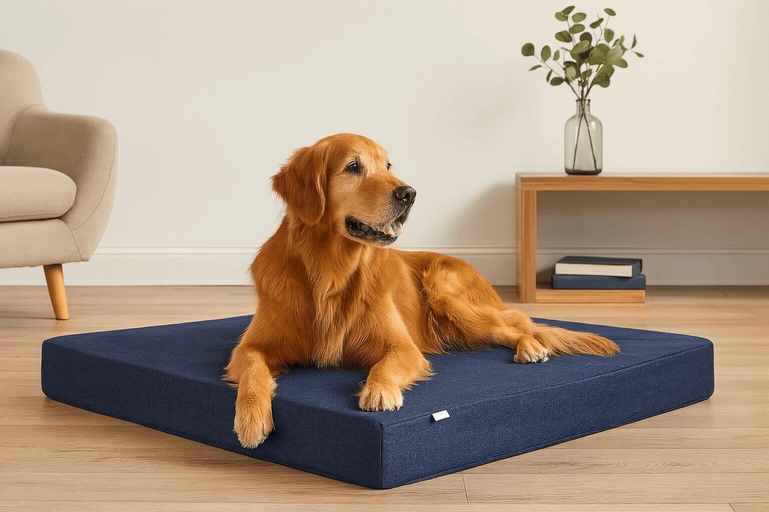Black and white dog resting on Bedsure orthopedic dog bed featuring supportive egg-crate memory foam for pressure relief and non-slip bottom, suitable for extra-large dogs and crate use