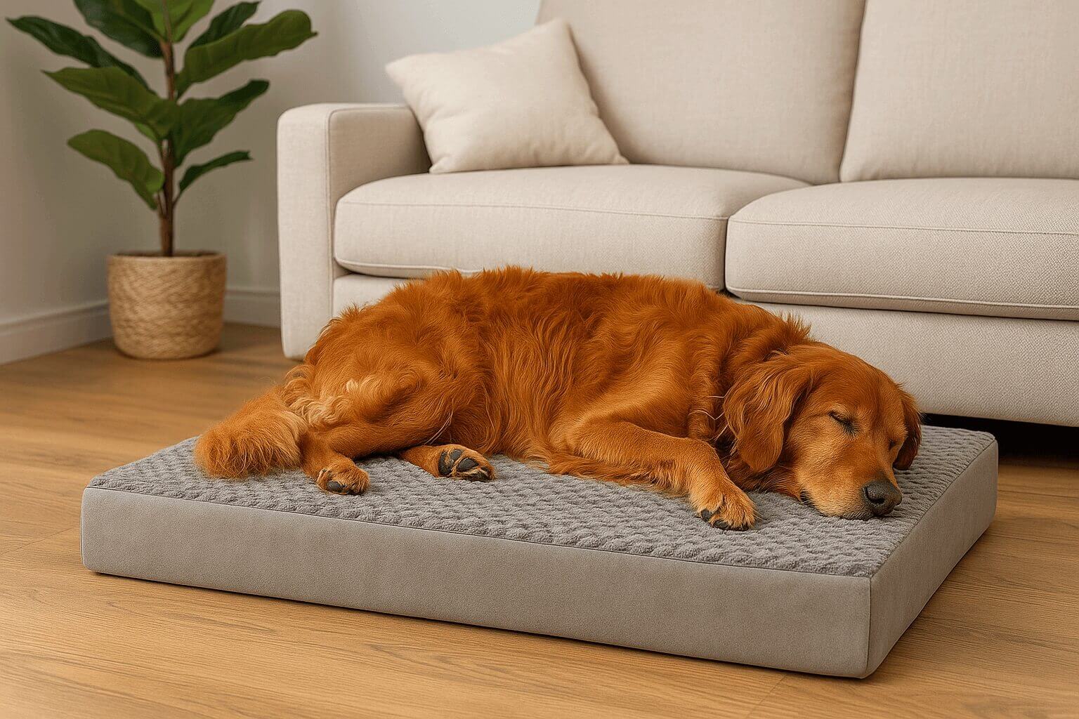 Brown dog resting on Furhaven orthopedic dog bed with egg-crate memory foam base and bolstered sofa-style sides, designed for medium to large dogs needing joint support