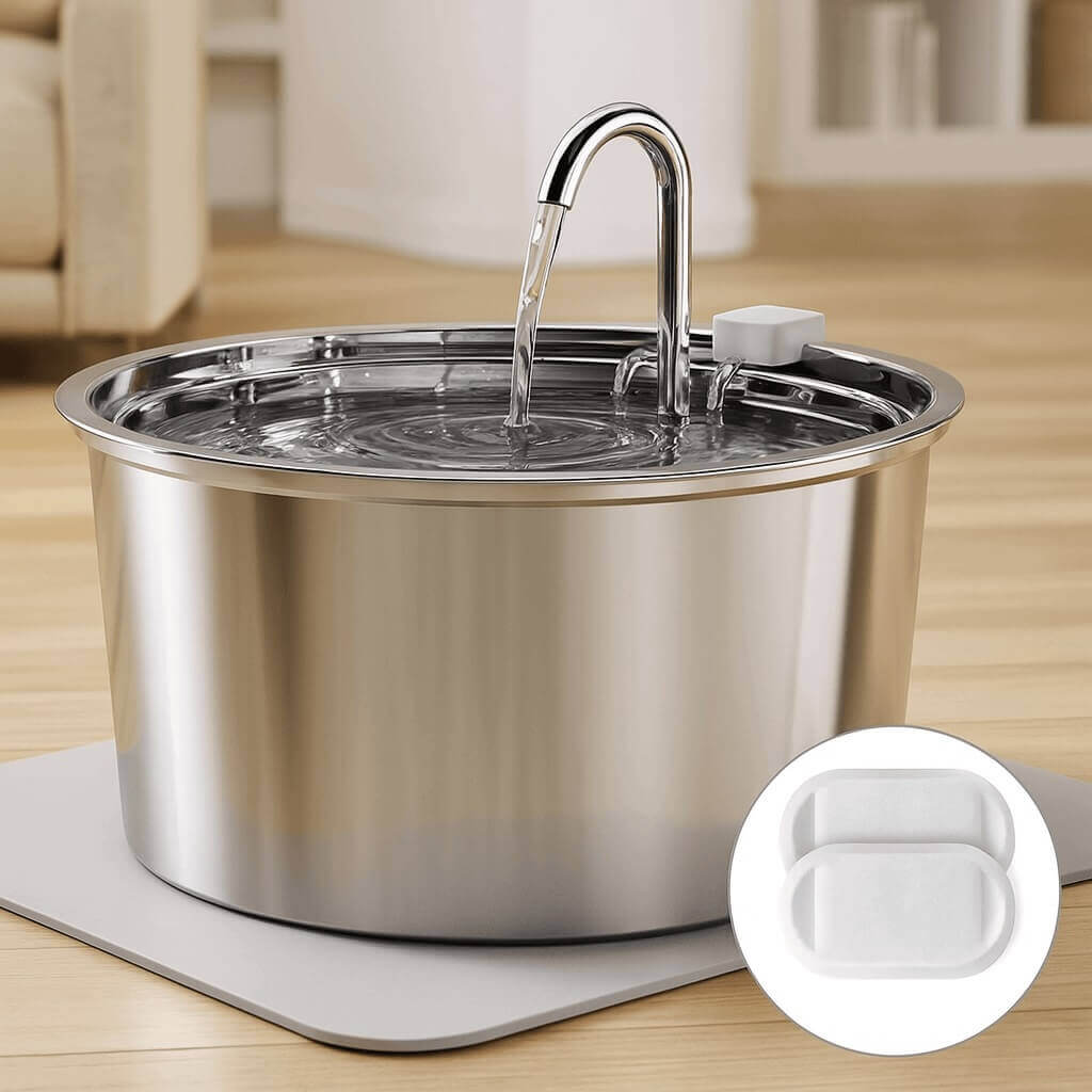 TOMXCUTE stainless steel cat water fountain with ultra-quiet pump and 4-stage filtration system for clean hydration