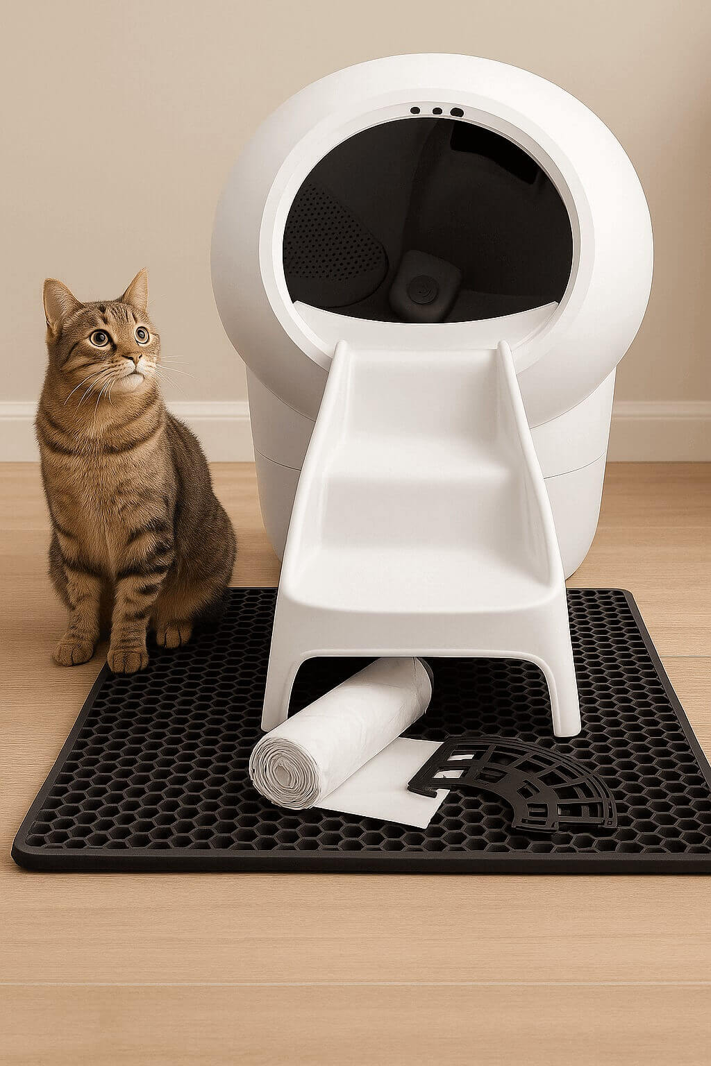 Litter-Robot 4 automatic litter box with ramp, odor control pack, and cat beside the unit