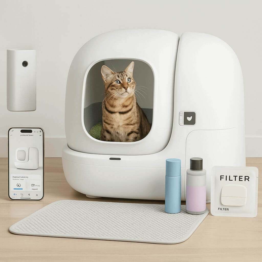 PETKIT PuraMax 2 smart automatic litter box with cat inside, mobile app, PETKIT bottles, and gray mat