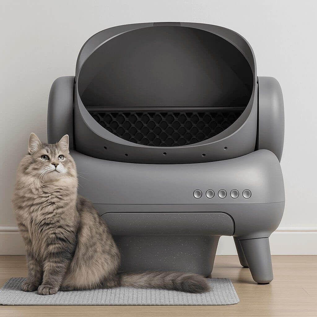 Neakasa M1 open-top automatic litter box with gray cat and smartphone app display