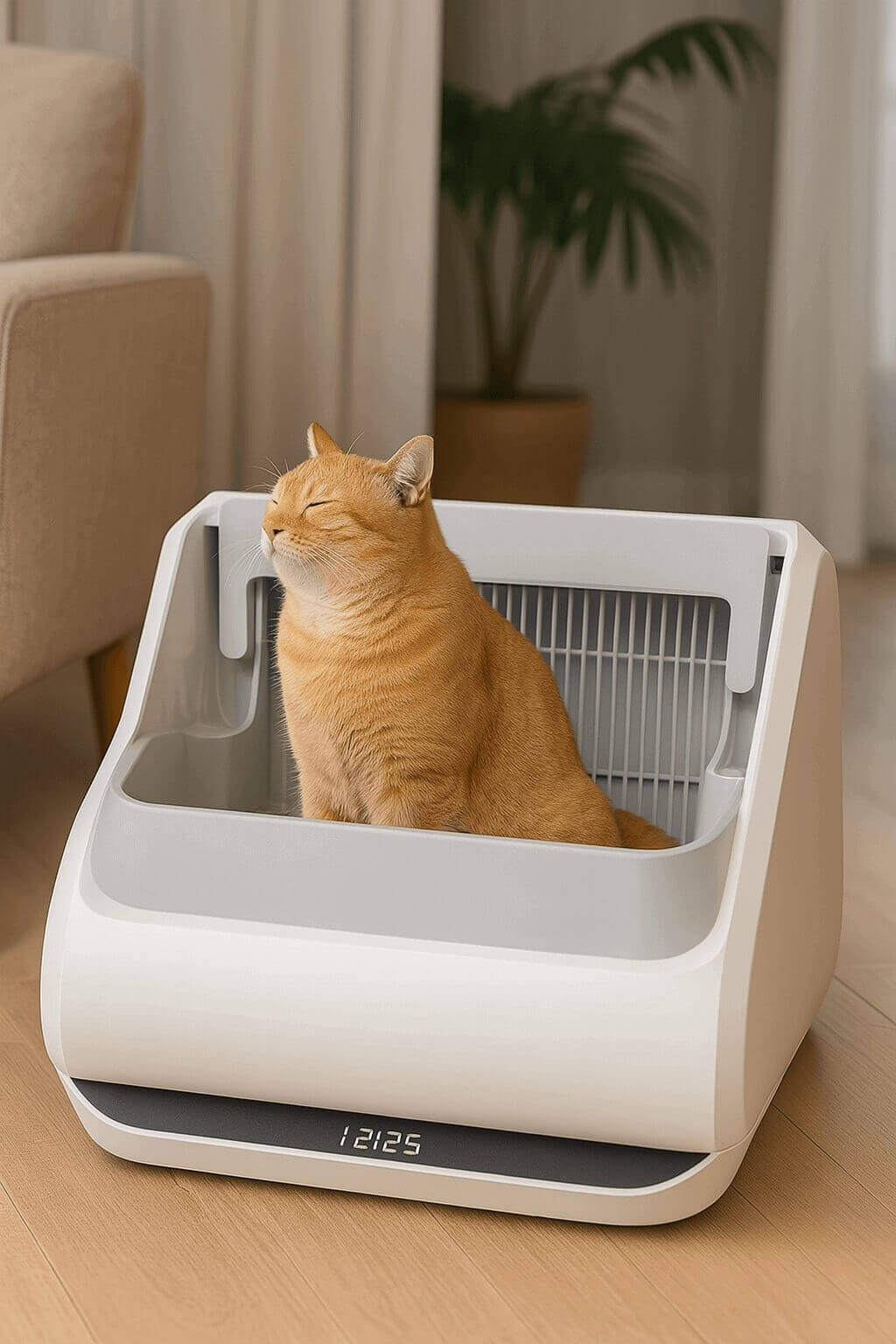 Popur X5 dual-decker automatic litter box with orange cat inside