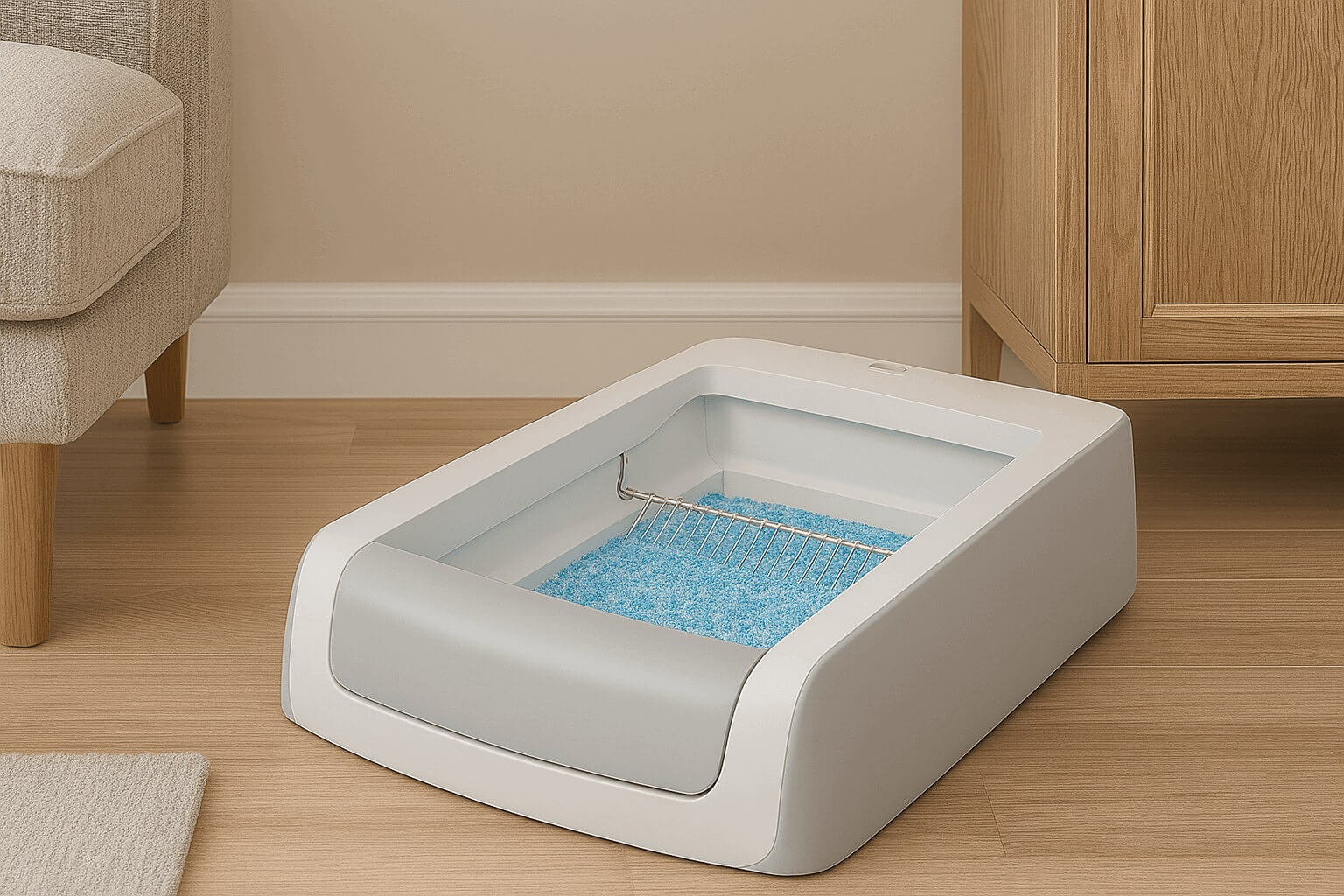 PetSafe ScoopFree Crystal Pro automatic litter box with blue crystal litter and disposable tray