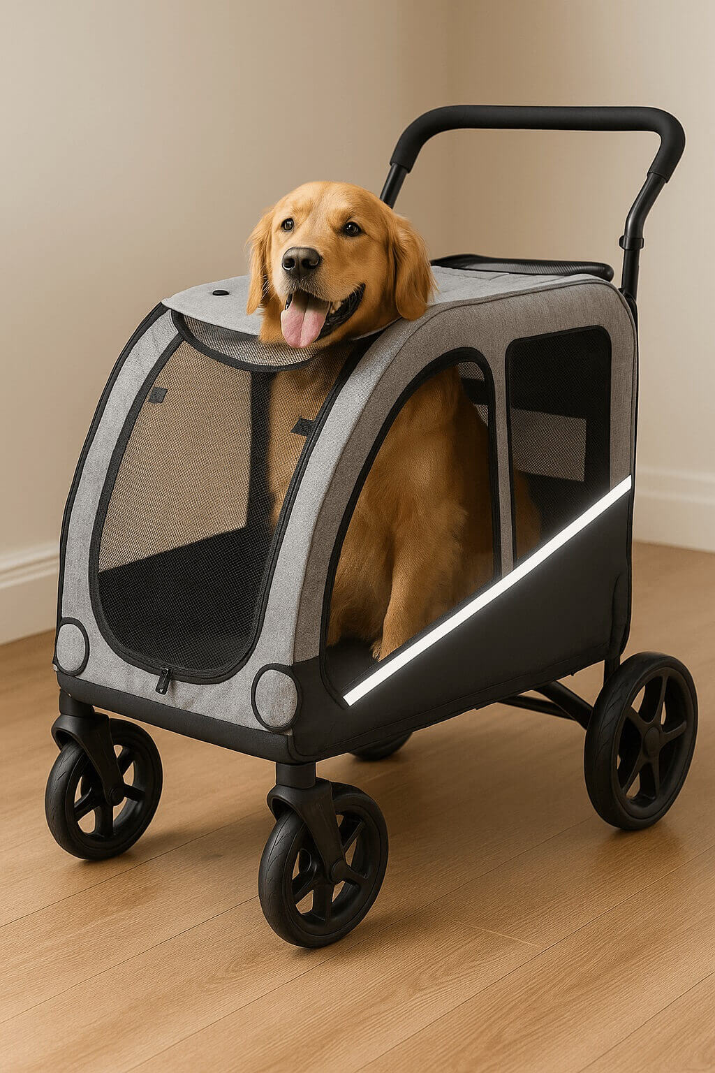 Side view of extra large dog stroller with medium-sized dog seated comfortably – durable and spacious design for large breeds
