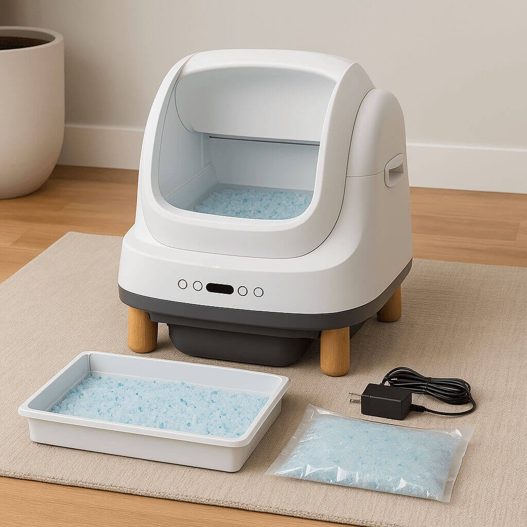 PetSafe ScoopFree OpenSky Automatic Cat Litter Box package contents: litter box unit, waste drawer with liner, crystal litter bag, power adapter