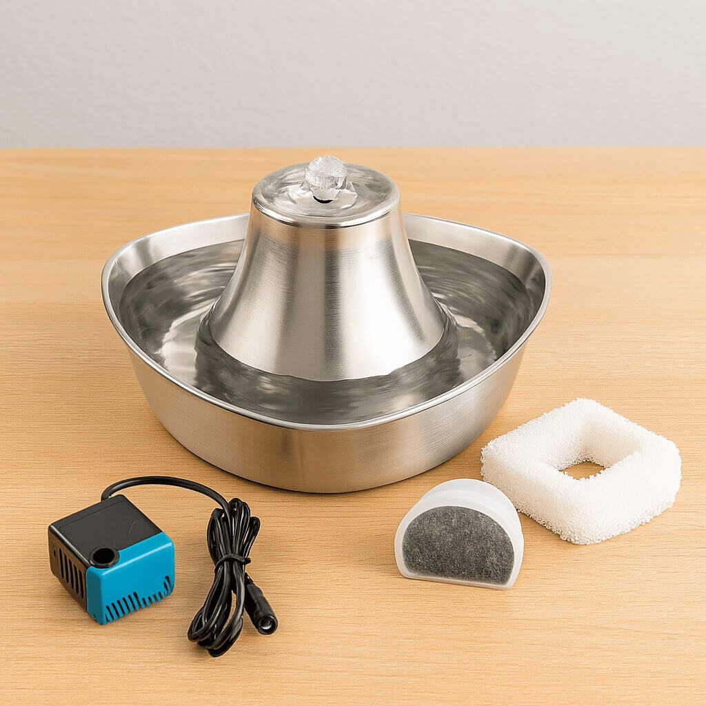 Unboxed contents for PetSafe Seaside Stainless Steel Fountain: stainless bowl & tower, pump, foam & carbon filters, wall adapter, guide