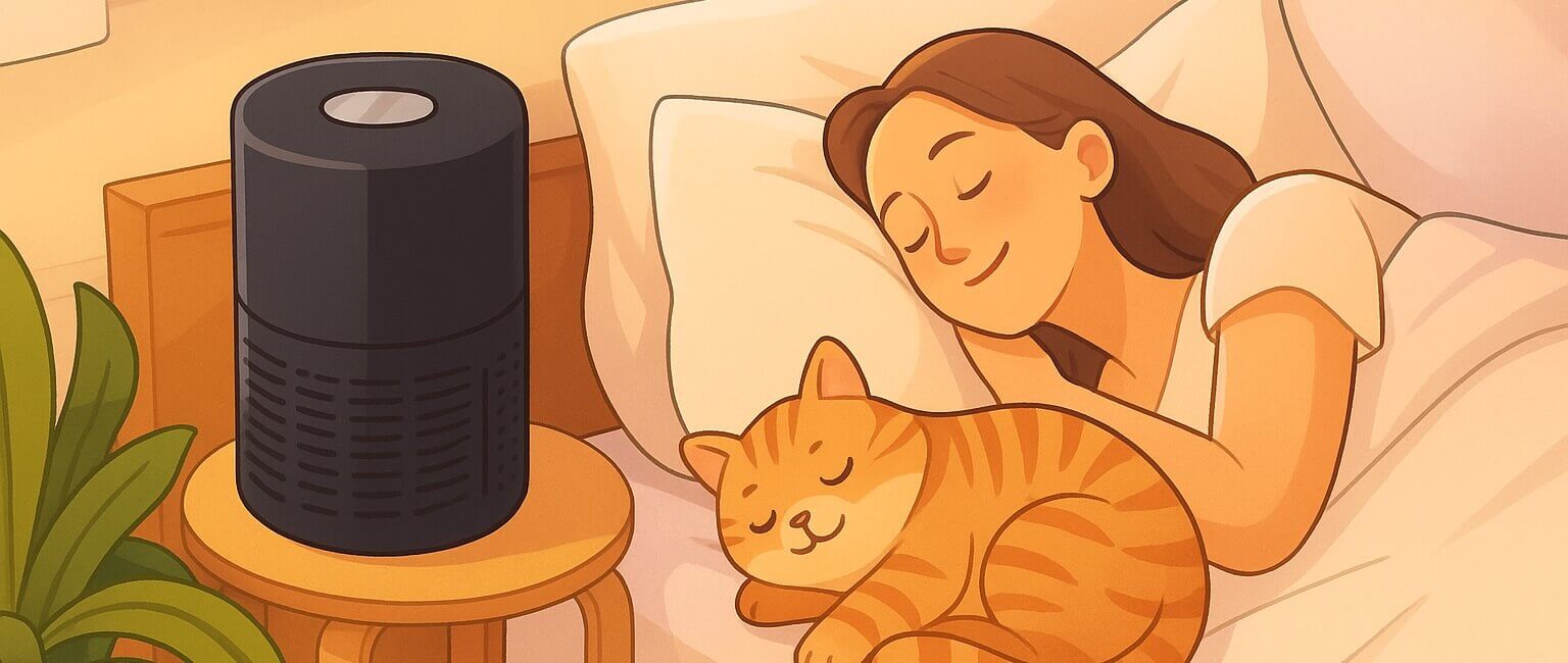 Woman sleeping peacefully with her cat beside a LEVOIT Vital 200S-P air purifier providing allergen-free air