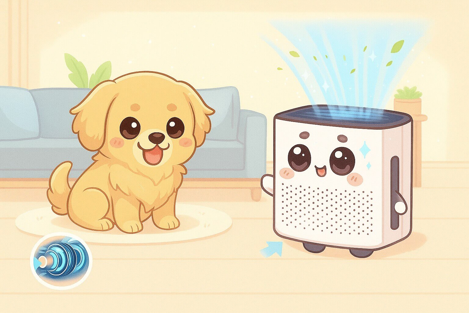Happy pet and MOOKA air purifier keeping the living room fresh and allergen-free