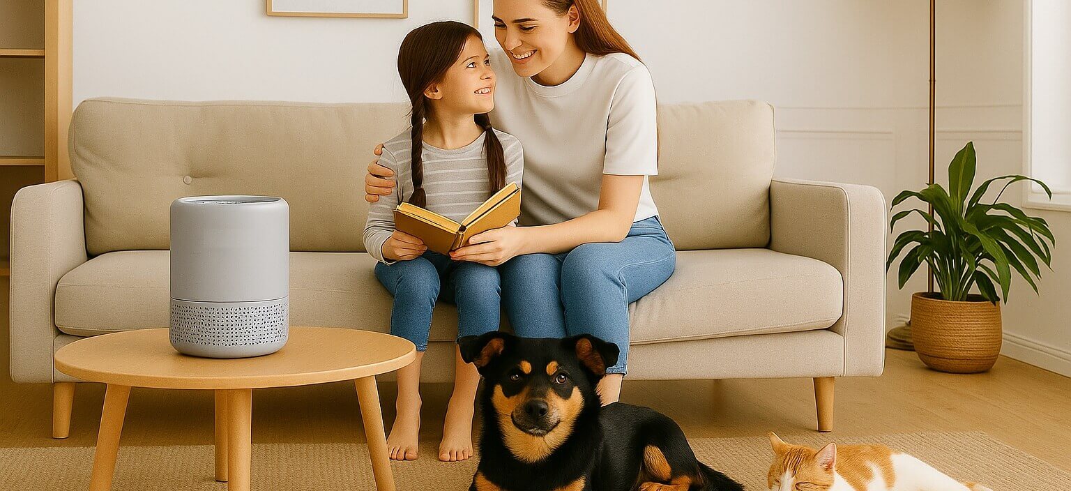 Happy dog and cat enjoying clean air with LEVOIT Air Purifier for pets
