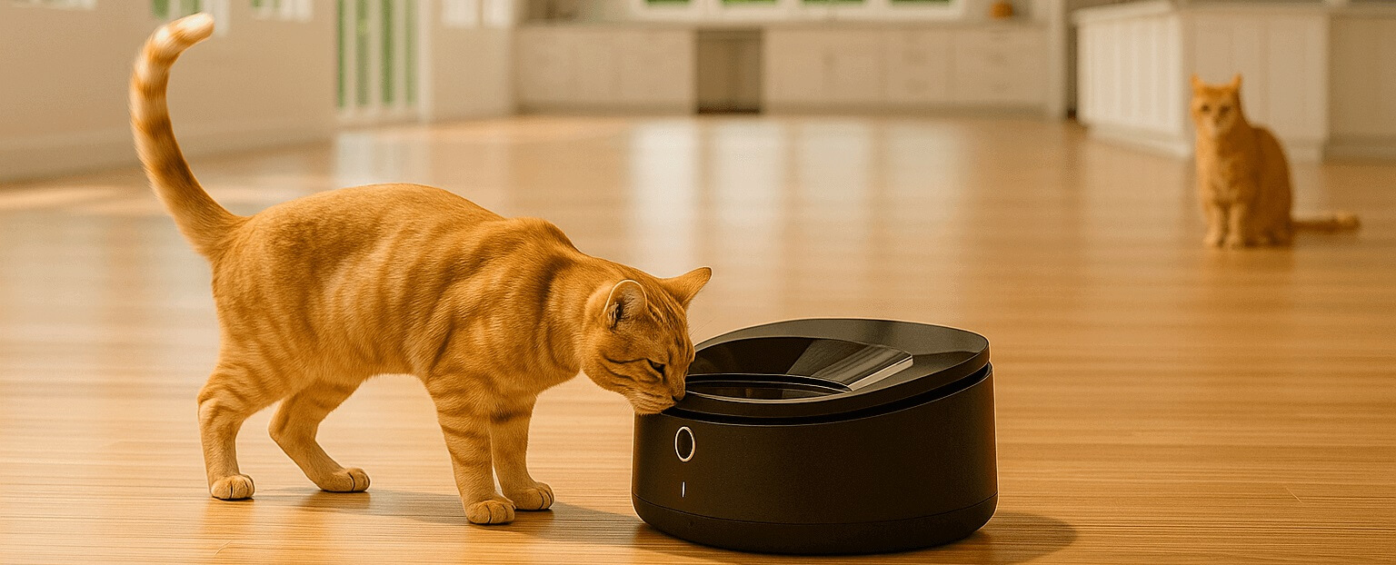 Ginger cat sniffing a PETLIBRO automatic refrigerated feeder on a wooden floor while another cat watches in the background