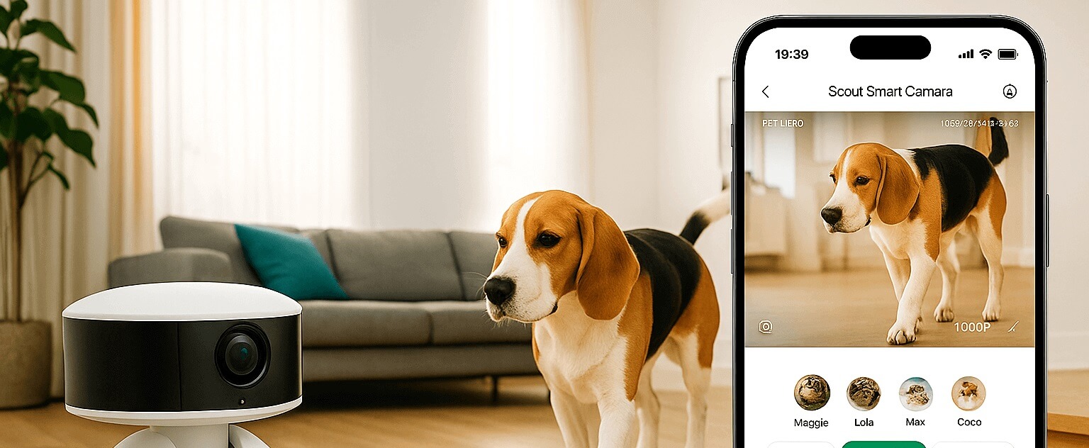 Dog being monitored by PETLIBRO Dog Camera in a cozy living room with app-based connection and 360° smart vision