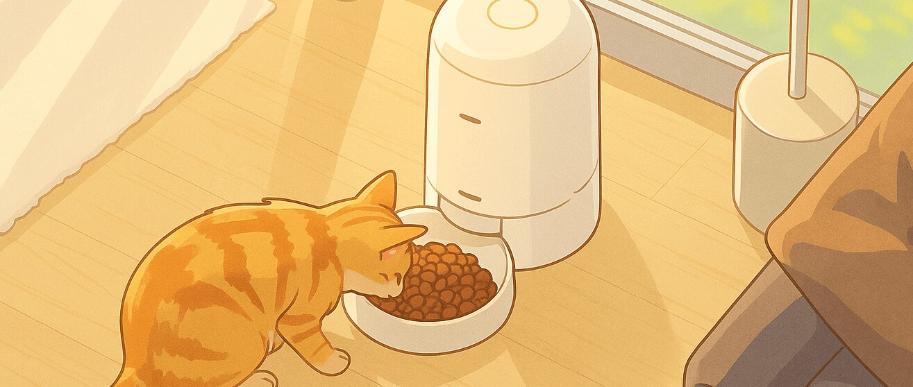 Illustration of a cat peacefully eating from a PETLIBRO Automatic Feeder in a cozy home environment