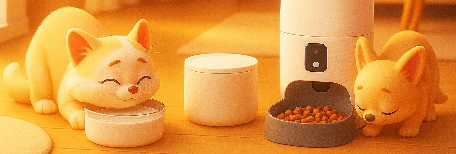 Cute cat and small dog enjoying fresh food from an automatic pet feeder in a warm, cozy home setting