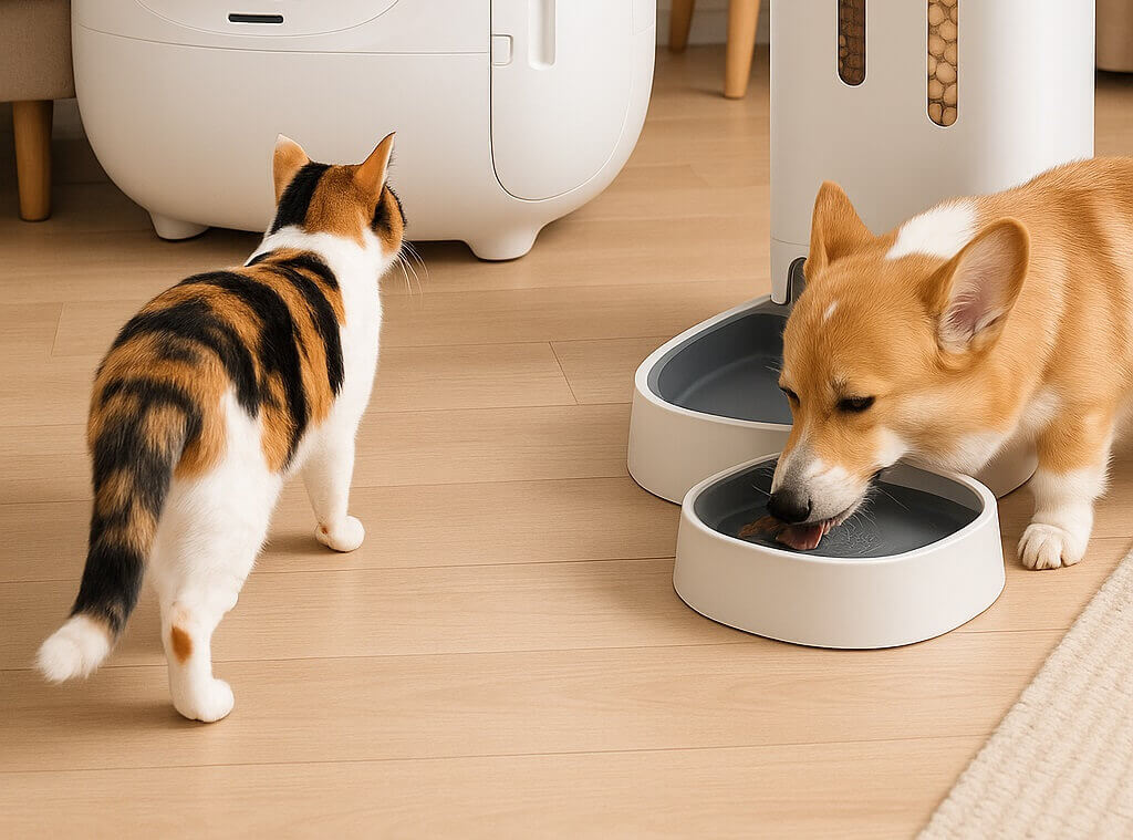 Cat and corgi drinking beside a PETKIT smart feeder and water bowls inside a modern home