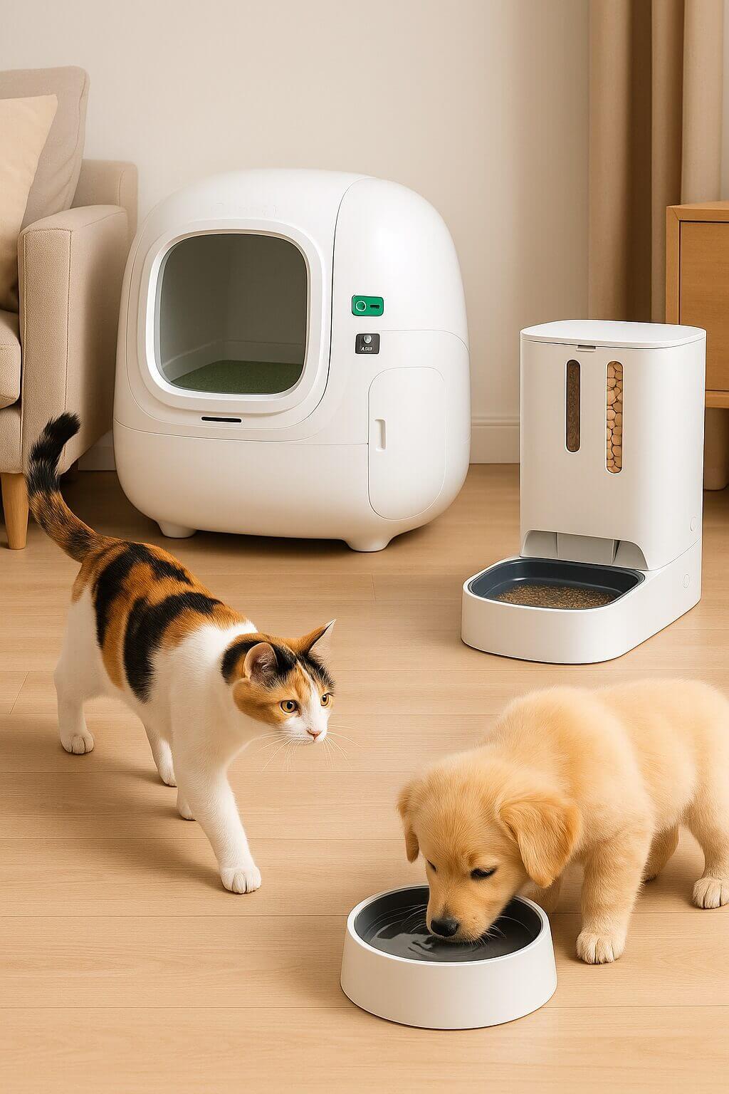Calico cat and golden retriever puppy in a living room with a PETKIT self-cleaning litter box and smart feeder