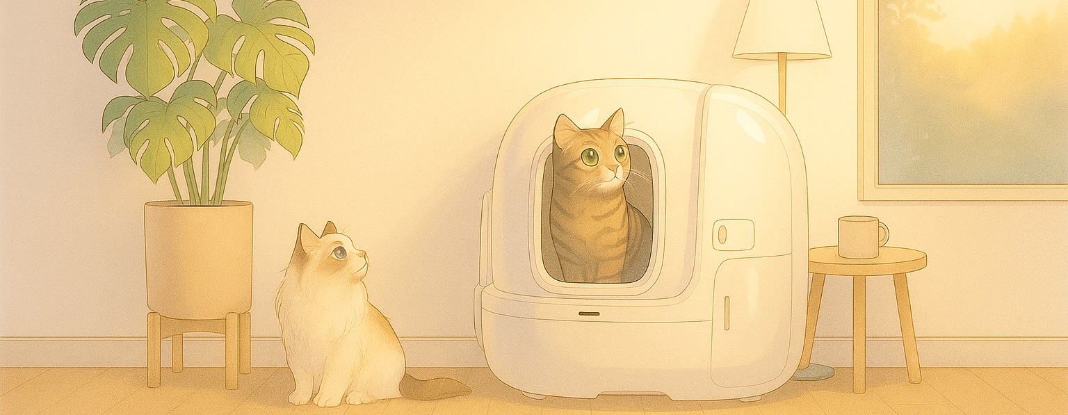 PETKIT 2025 Purobot Max automatic self-cleaning litter box in modern living room with happy cats and owner