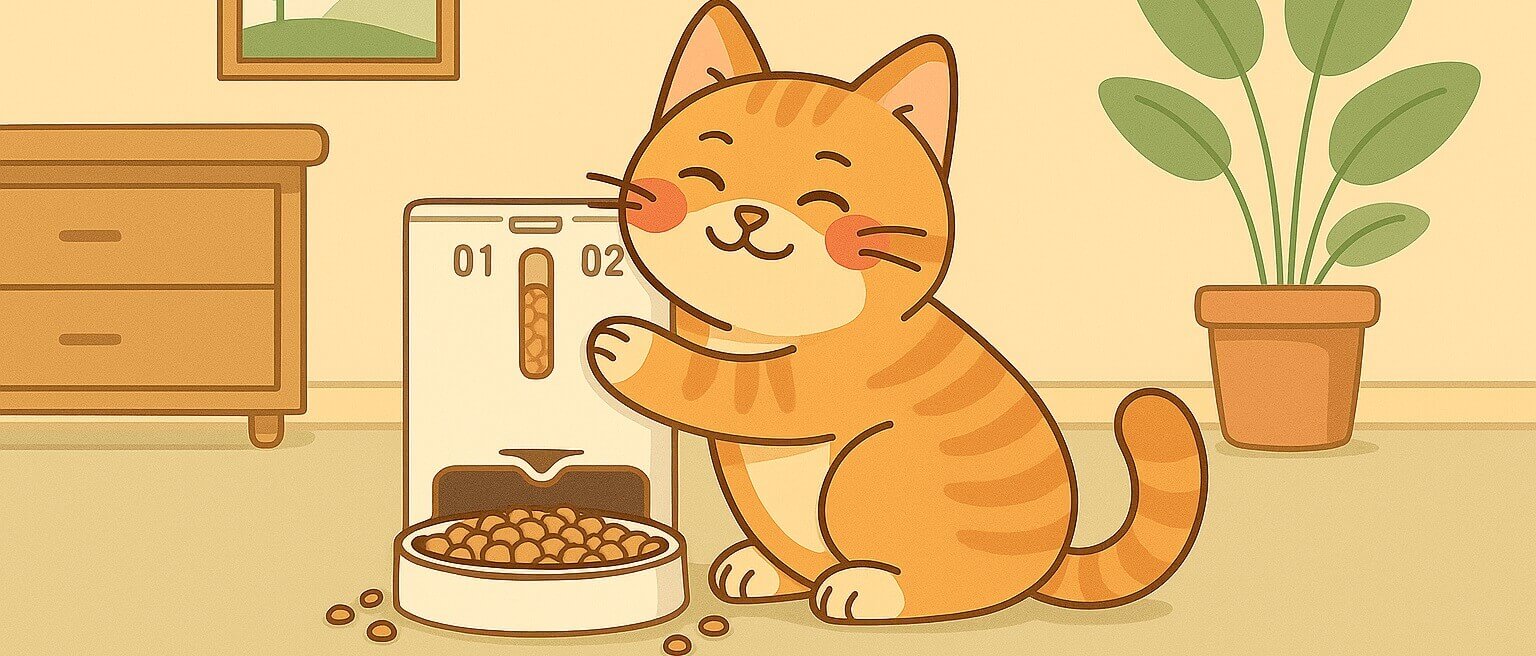 Illustration of a happy orange tabby cat using the PETKIT Automatic Cat Dog Feeder 2025 with dual hopper design in a cozy modern living room